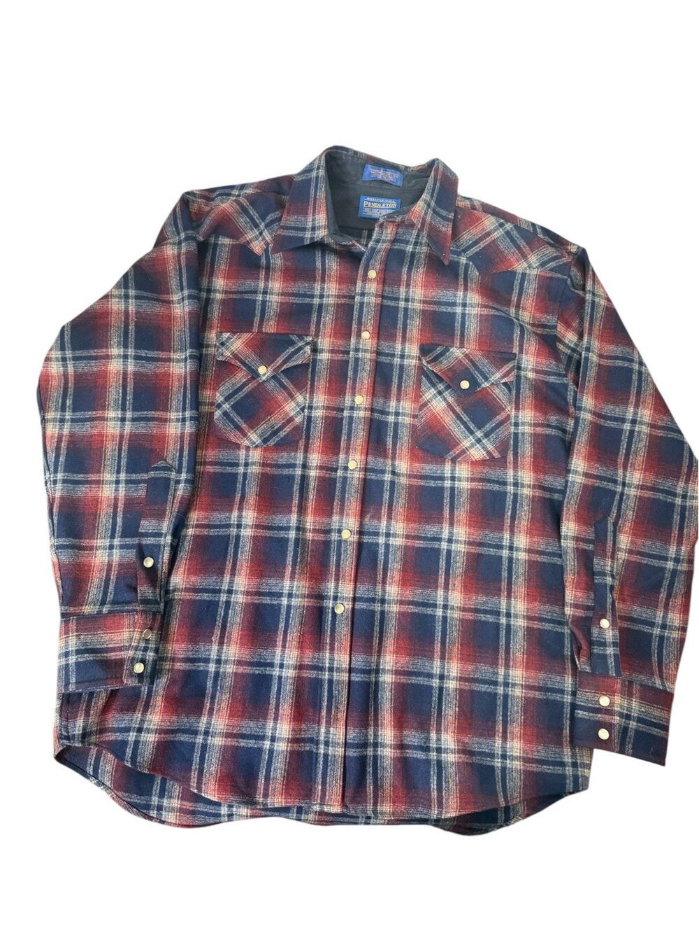 Pendleton Canyon Shirt Virgin Wool Red Plaid Western Men's Large Pearl Snaps